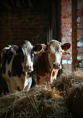 Adult cows in a common brick barn.