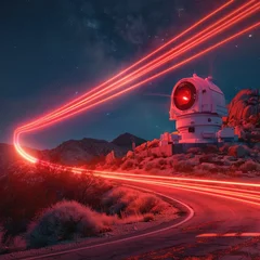 Papier Peint photo Lavable Bordeaux Futuristic Telescope Emitting Mesmerizing Red Light Trails in Dramatic Desert Landscape