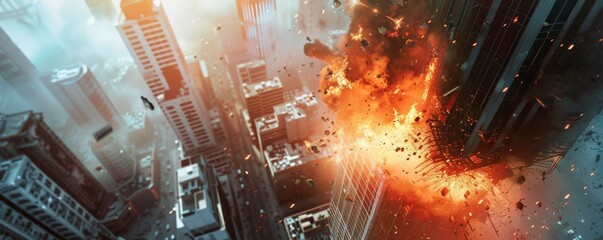 Meteorites fall on the skyscrapers of a big city and destroy everything.