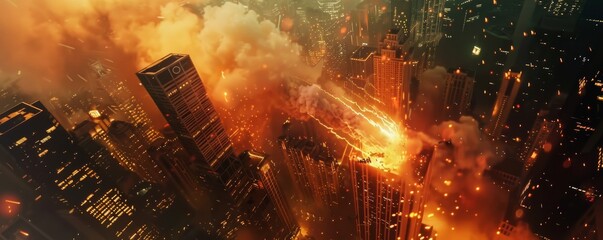 Meteorites fall on the skyscrapers of a big city and destroy everything.