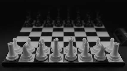 Chessboard with pieces in a classic black and white style. The illustration shows such figures as...