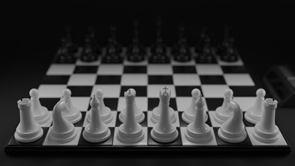 Chessboard with pieces in a classic black and white style. The illustration shows such figures as king, queen, rook, bishop, knight, pawn. 3D rendering. Maximum resolution 8K.