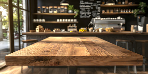   Empty wooden Table with Blur Café Interior Background, The interior of a coffee shop with a large window and a wooden table, Counter With Orders In A Café Blurred Background