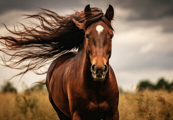 horse gallops in motion, powerful beautiful horse, portrait, close