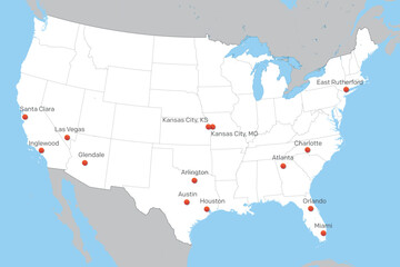 map of United States with soccer tournament 2024 host cities - 783666471