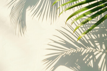 Fototapeta na wymiar White wall with tropical palm leaf shadow. Beautiful abstract background concept banner for summer vacation