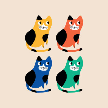 Funny cats hand drawn vector illustration. Adorable isolated colorful kittens for kids poster, icon or logo.