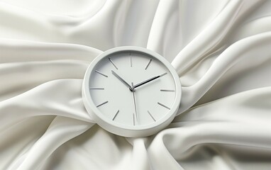 White clock placed on top of soft, flowing silk,time concept in fashion design.