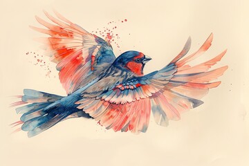 Capture the essence of a delicate rear view sparrow with intricate feather details in a serene watercolor illustration