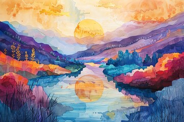 Depict a captivating vision of a utopian world through a frontal view of a serene landscape, merging eco-friendly graphic design trends with traditional art medium, such as watercolor and colored penc - obrazy, fototapety, plakaty