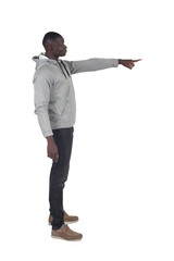 side view of a man pointing front on white background - 783667409