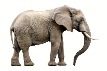 Side profile of an African elephant isolated on a white background showcasing detailed texture and natural features.