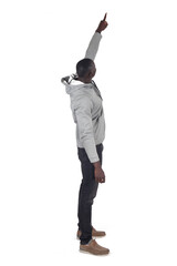 side view of a man pointing up on white background