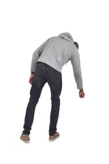 back view of a man pointing down on white background - 783667425