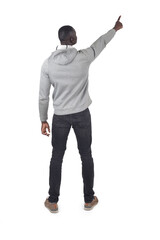 back view of a man pointing up on white background - 783667426