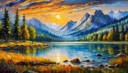 Oil painting of beautiful lake landscape with mountains and green nature. Sky with clouds.