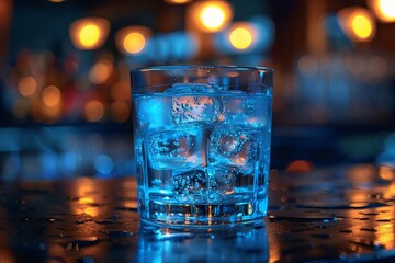 Fototapeta premium Blue alcohol cocktail with ice cubes, bar, glass