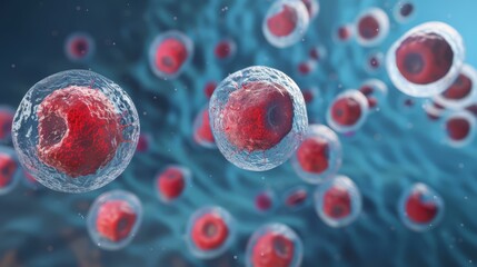 Detailed microscopic examination of the architecture of a human or embryonic stem cell, highlighting the central nucleus, the surrounding cytoplasm, and the protective cellular membrane.
