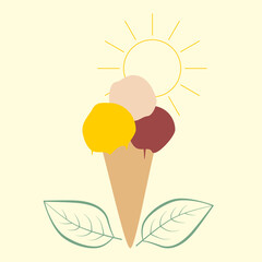  ice cream background, ice cream scoops in a cone,  ice cream in yellow, red pink and green leaves and sun, abstract simple design, ice cream with natural ingredients, ice cream logo