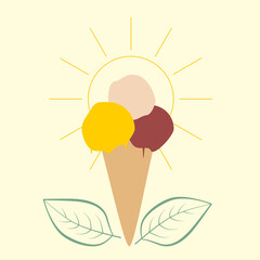  ice cream background, ice cream scoops in a cone,  ice cream in yellow, red pink and green leaves and sun, abstract simple design, ice cream with natural ingredients, ice cream logo