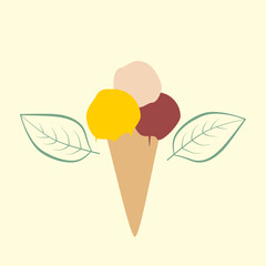  ice cream background, ice cream scoops in a cone, texture of  ice cream in yellow, red pink and green leaves, abstract simple design, ice cream with natural ingredients, ice cream logo