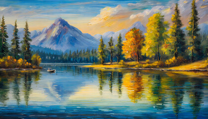 Oil painting of beautiful lake landscape with mountains and green nature. Sky with clouds. © hardvicore