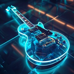  A stunning 3D illustration of an electric guitar outlined in vibrant neon lights, set against a...