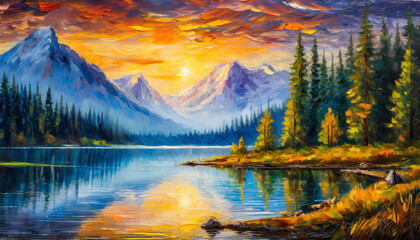 Oil painting of beautiful lake landscape with mountains and green nature. Sky with clouds. - obrazy, fototapety, plakaty
