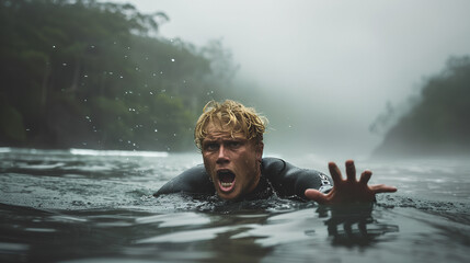 Drowning in water, screaming man reaching out for help, wearing a wetsuit on a foggy day, blur effect in the background