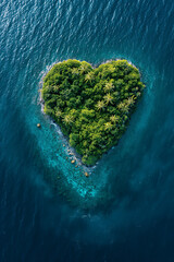 An island in the shape of a heart sits amidst the vast ocean waters. - obrazy, fototapety, plakaty