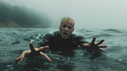 Drowning in deep water, screaming blonde-haired man reaching out his hands for help, in tropical water in a wetsuit on a foggy day, blur effect in the background - obrazy, fototapety, plakaty