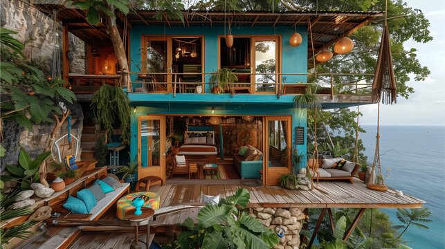 Traditional beach hut resort with wooden furniture, vibrant colors, and a cozy bar nestled in a lush garden market at night