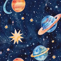 Seamless pattern outer space stars and planets in night sky art illustration watercolor fun hand drawn bold minimalist kids style 