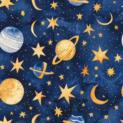 Seamless pattern outer space stars and planets in night sky art illustration watercolor fun hand drawn bold minimalist kids style 