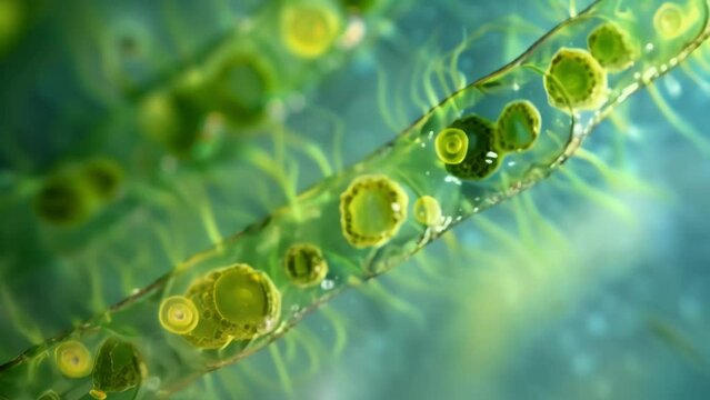 A detailed view of the cellular structure of a cyanobacteria revealing its unique photosynthetic organelles and how they contribute . AI generation.
