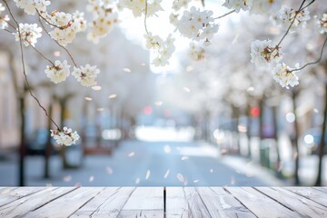  spring blue background, spring delicate colors, wooden white surface in the foreground, city square with white flowering trees in the background - obrazy, fototapety, plakaty