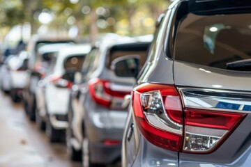 A row of parked cars at a city parking facility during the day, showcasing various colors and models in a modern urban environment
