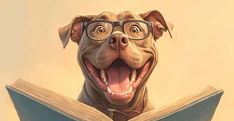 A cheerful dog wearing glasses is reading an open book with its mouth wide open against a pastel background.