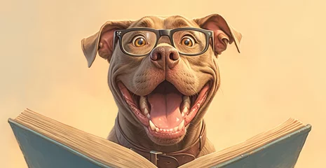 Fotobehang A cheerful dog wearing glasses is reading an open book with its mouth wide open against a pastel background. © Photo And Art Panda