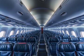 plane inside, middle view, no passengers just seats 
