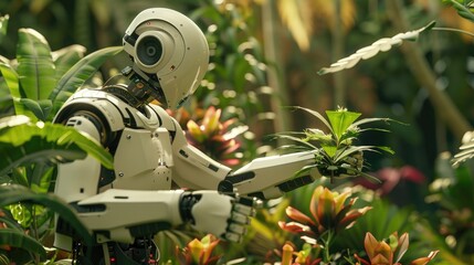 Robotic Gardener Tending to Lush Botanical Garden Harmony of Nature and Technology