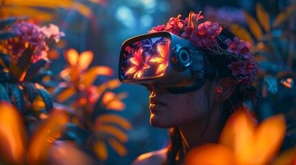 Virtual reality travel logs, explorers share journeys to exotic dimensions, immersive stories - obrazy, fototapety, plakaty
