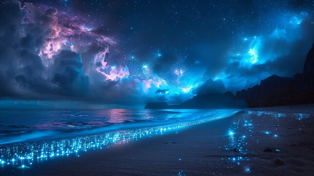 Bioluminescent beach on an alien planet, glowing waves, and starlit skie