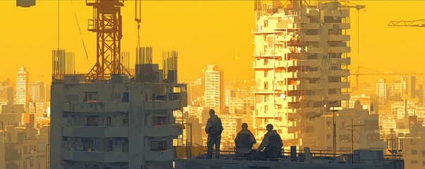 A construction site with cranes and workers, with two buildings under design. The background is an orange gradient sky