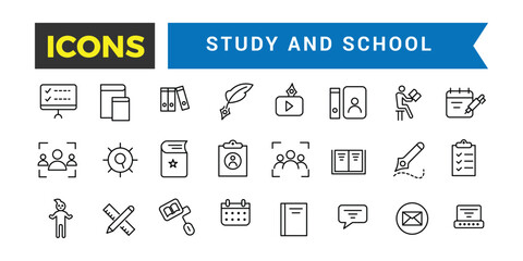 Study And School Line Icons Collection, Big Ui Icon Set In A Flat Design, Thin Outline Icons Pack, Vector Illustration