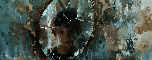 child's reflection in a broken mirror, distorted and fragmented like their sense of self amidst the chaos and dysfunction of a violent family environment. 