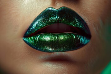 close up of green lips, fashion makeup, glossy lipstick, fashion photography, beauty portrait, beauty model with natural skin