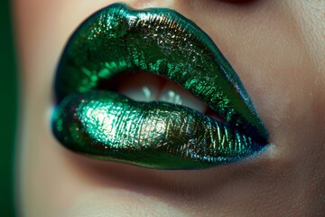 close up of green lips, fashion makeup, glossy lipstick, fashion photography, beauty portrait, beauty model with natural skin