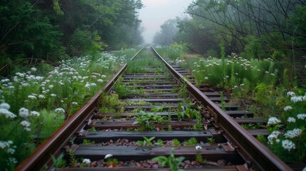 Fototapeta premium abandoned railroad track stretching straight across a field covered with greenery and pale flowers