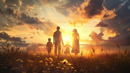 A family of four is walking through a field of tall grass